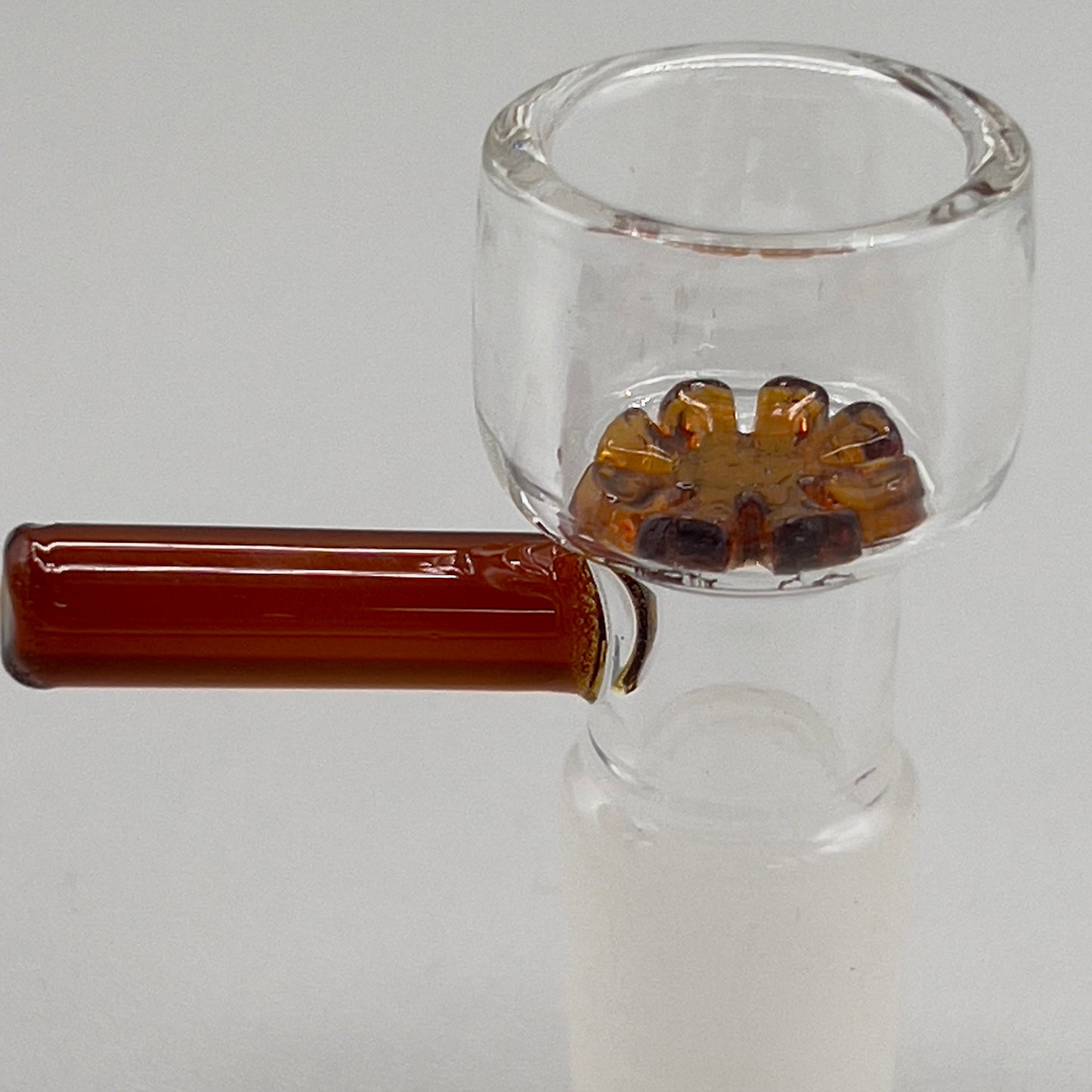 Amber 14mm honeycomb glass bowl slide with built-in screen, male glass-on-glass joint bong accessory