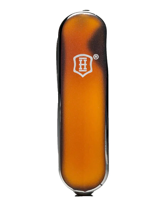 A classic Victorinox Swiss Army knife with a glossy amber-brown handle and a white shield logo featuring an 'H' on the front, set against a plain white background.