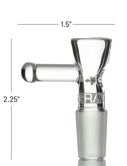 Dimension diagram of clear 14mm GRAV triple pinch bowl slide with male glass-on-glass joint showing 1.5 inch width and 2.25 inch height