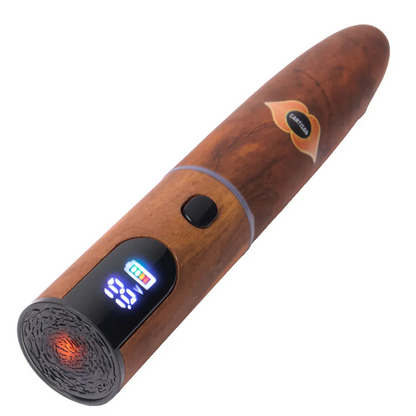 Wooden vape pen style with digital display on a white background
