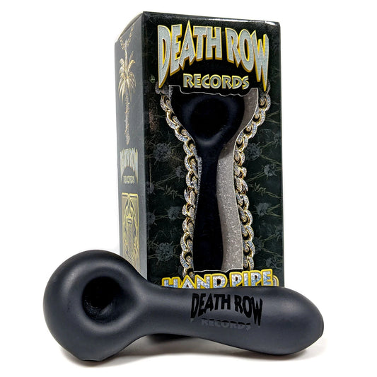 Black hand pipe with 'Death Row Records' branding in front of a branded box.