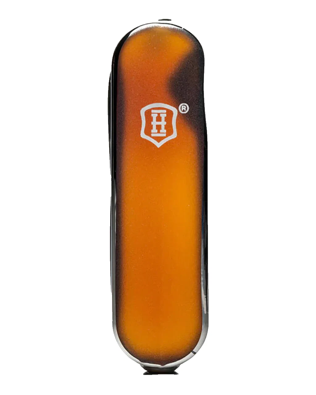 A classic Victorinox Swiss Army knife with a glossy amber-brown handle and a white shield logo featuring an 'H' on the front, set against a plain white background.