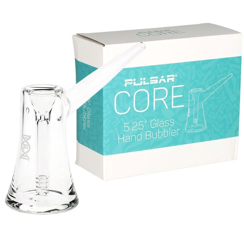 Clear glass hand bubbler with Pulsar Core packaging on a white background