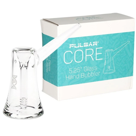 Clear glass hand bubbler with Pulsar Core packaging on a white background