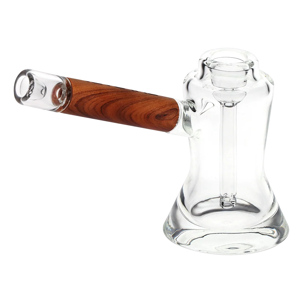 Clear glass water pipe with a brown wooden mouthpiece, shown on a solid white background.