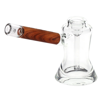 Clear glass water pipe with a brown wooden mouthpiece, shown on a solid white background.
