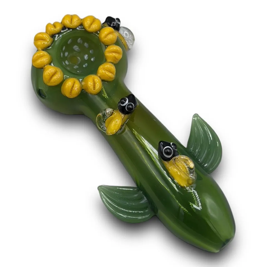 Green Sunflower Shaped Glass Smocking Pipe Tobacco Bowl - 5" Inches