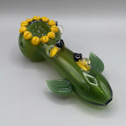 Green Sunflower Shaped Glass Smocking Pipe Tobacco Bowl - 5" Inches