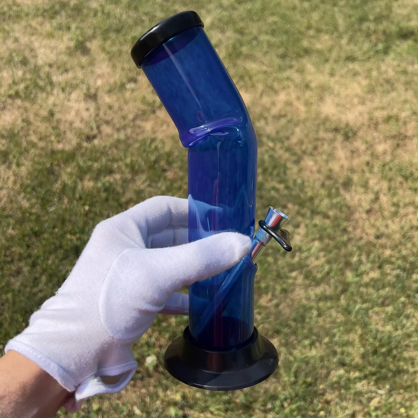 side view of blue water pipe made from acrylic plastic.